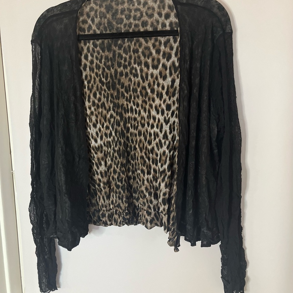 ALEMBIKA BRAND SHEER BLACK CARDIGAN WITH LEOPARD LINING . DRESSY. EASY Wear!!